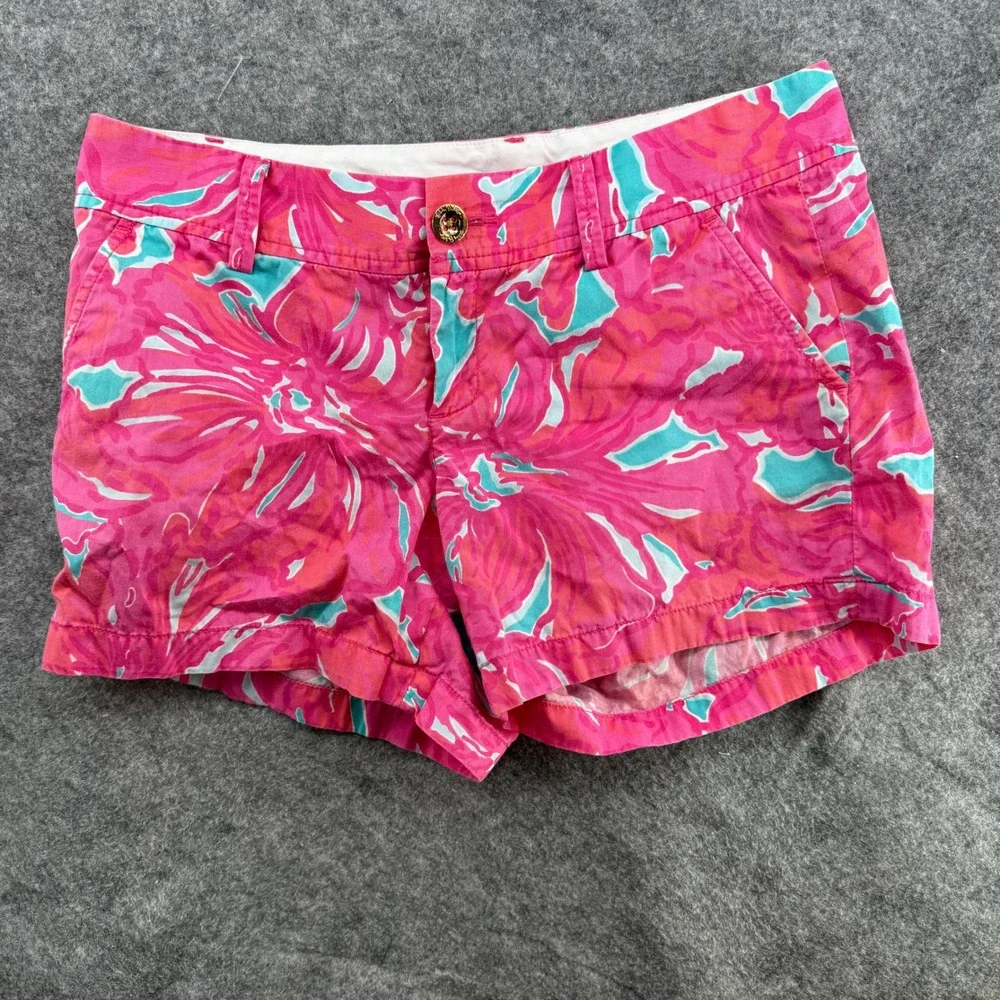Lilly Pulitzer Callahan Short Womens 6 Pink Turquoise Floral Chino Summer Cotton